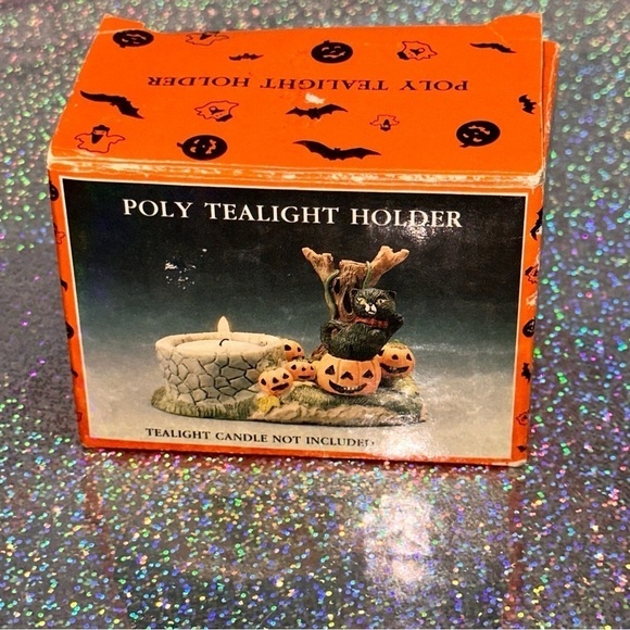 Vintage Halloween Spooky Black Cat Pumpkin Tree Candle Holder Decor 3" X 4.5" - Picture 5 of 8